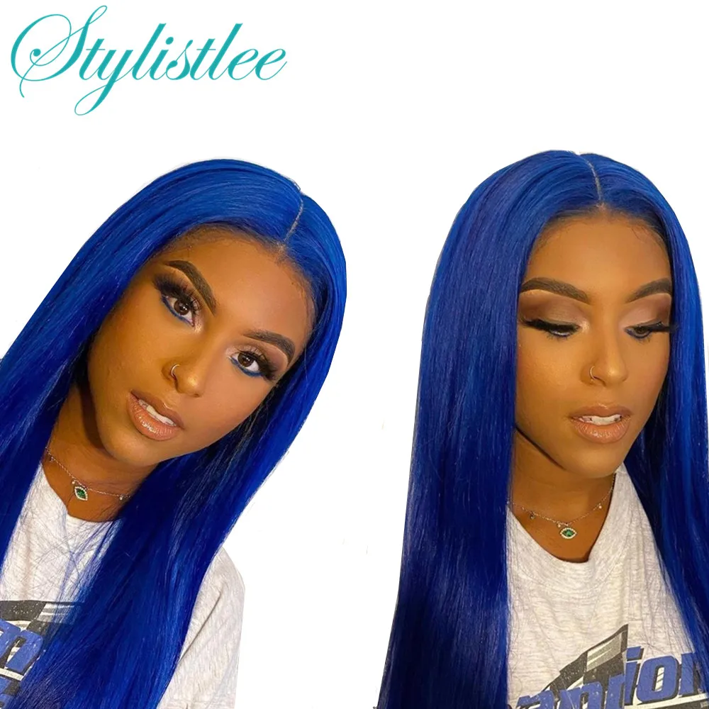 

Blue 13x5x1 Lace Frontal Human Hair T Part Lace Straight hair For Black Women Brazilian Hair Wigs Colored Highlight Remy Wigs