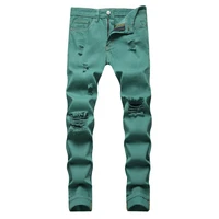 mens fancy neon color y2k denim jeans streetwear slim straight pants holes ripped trousers green yellow pink