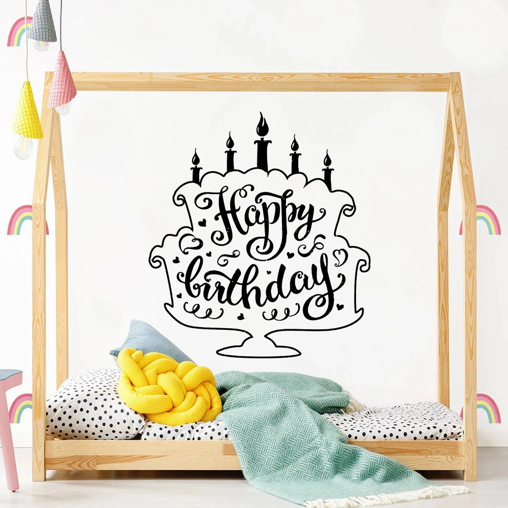 

Happy Birthday Wall Decals Cake Poster For Kids Girl Bedroom Murals Removable Vinyl Party Livingroom Decoration Stickers HJ0149