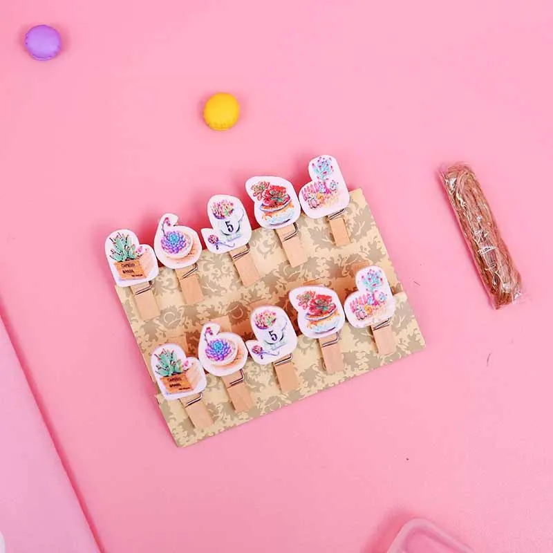

10 Pcs/set Creative Cute Animals Cactus Plants Wooden Notes Clip Photo Paper Craft DIY Clips with Hemp Rope Kids Gift