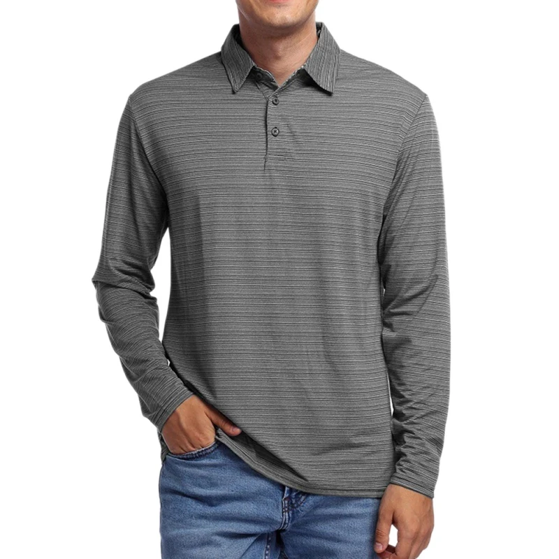 

Autumn Men's Turn-down Collar Solid Color T-shirt Lapel Shirt Sports Striped Long Sleeve Anti-pilling Casual Shirt