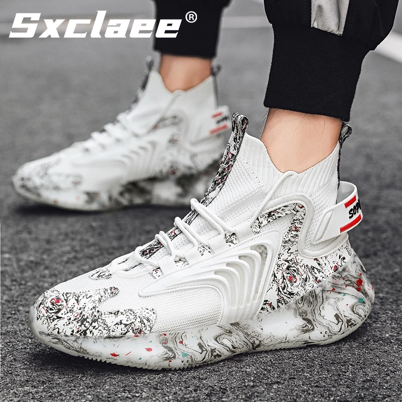 Sxclaee Fashion Flying Knit High-top Men Casual Shoes Comfortable Breathable Travel Hip-hop Sneakers Non-slip Sports Shoes 47