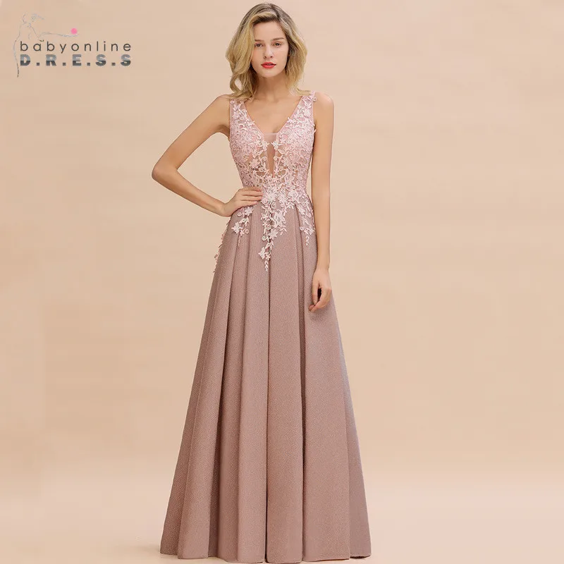 Халат de Soiree Longue пыльная роза кружевное длинное вечернее платье Vestido de Festa сексуальное с глубоким v-образным вырезом аппликации вечерние выпускные платья