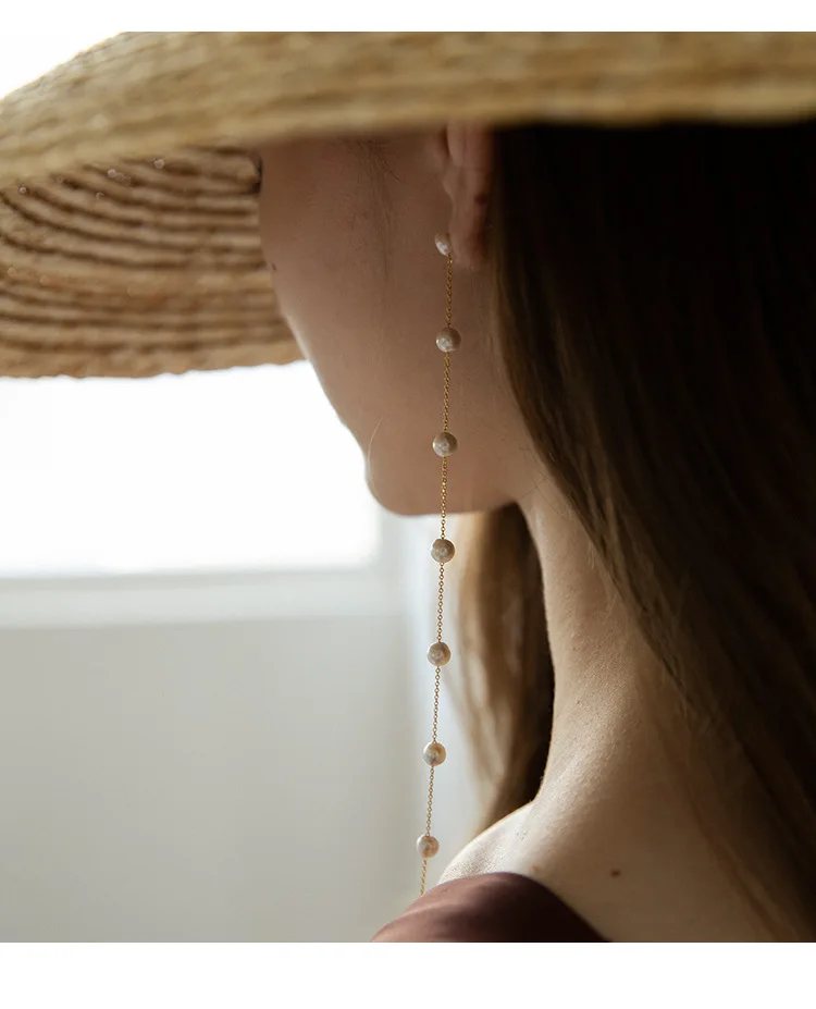 

New Fashion Long Tassel White Pearl Earrings for Women Temperament Long Retro Face Thin Earrings Pearl Dangle Earrings Wholesale