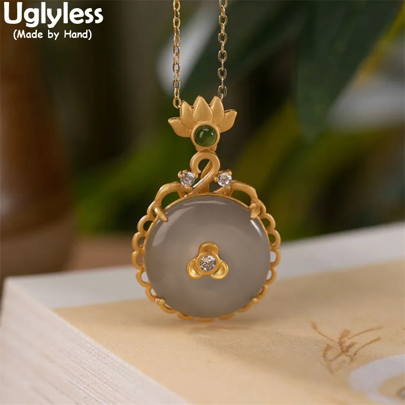 

Uglyless Classic China Chic Peace Buttons Pendants for Women Natural Emerald Jade Necklaces No Chains Lotus 925 Silver Jewelry