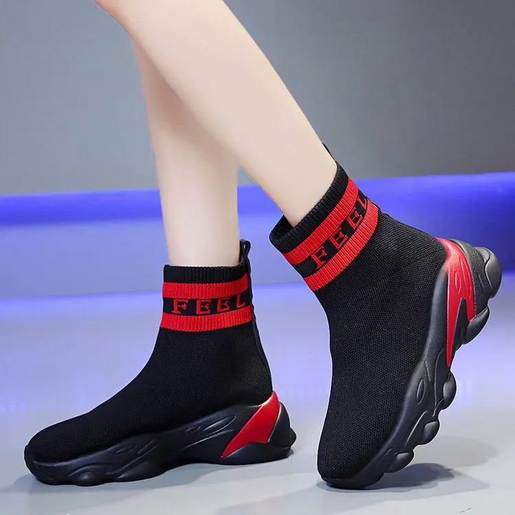 Трикотажные высокие кроссовки на платформе 2019 г. Женская повседневная обувь