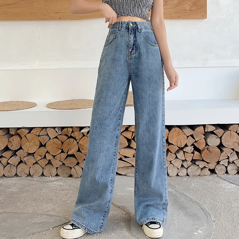 

Jeans women pure color retro high waist wide leg jeans simple students with loose fashion harajuku fashion casual