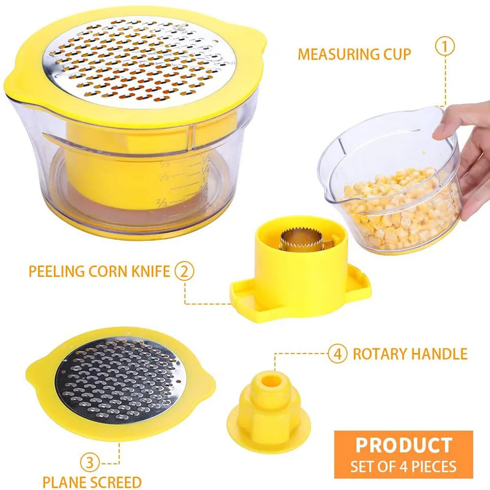 

4 in 1 Corn Stripper Corn Holder Corn Stripping Tool Corn Cutter & Remover with Built-In Measuring Cup Grater