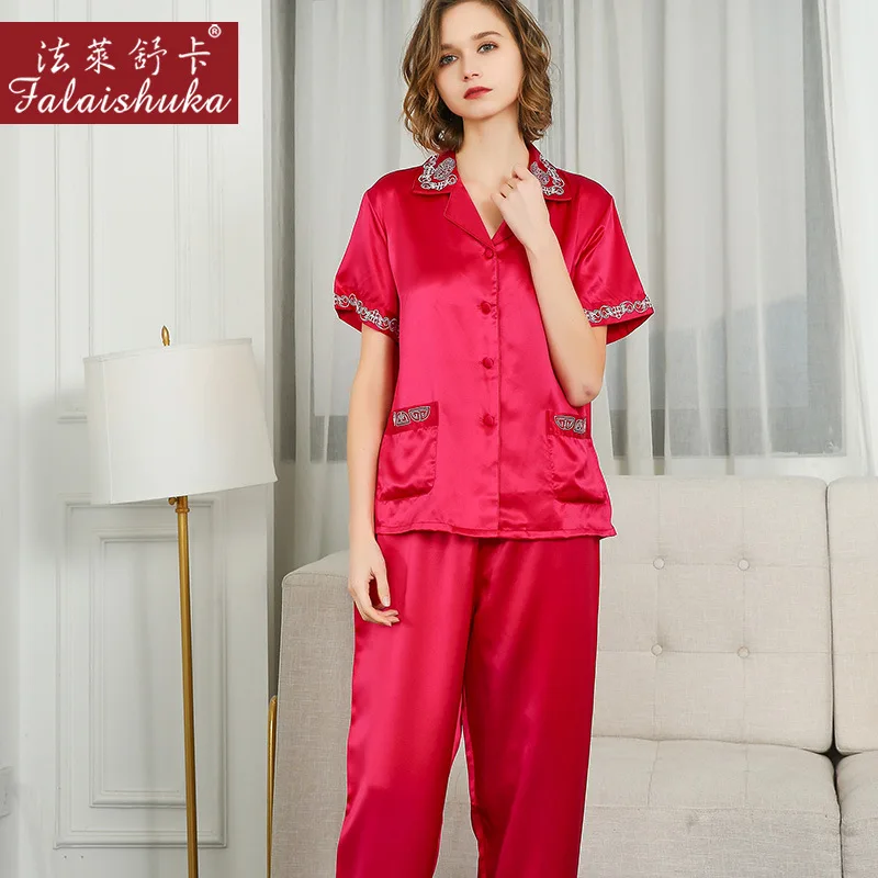 Ladies Pajamas Set Silk Stain Red Sexy Lace Embroidery Sleepwear Homewears Summer 2020 Short Sleeve Pyjama Set Home Wear Pink