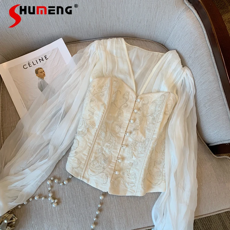 

White V-neck Shirts for Women 2021 Autumn New French Court Long Sleeve Waist-Tight Stitching Fairy Tops and Blouses Ladies
