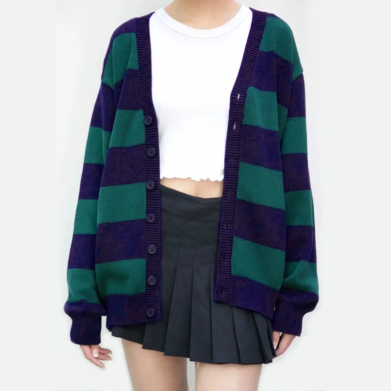 

Women V-neck Button Up Striped Cardigan Oversized Knit Top A681