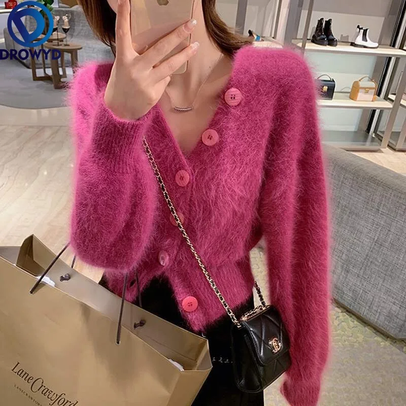 

Women's Knitted Sexy Cardigan Jacket Autumn and Winter 2021 Korean Version of Loose Retro Lazy V-neck Short Outer Wear Sweater