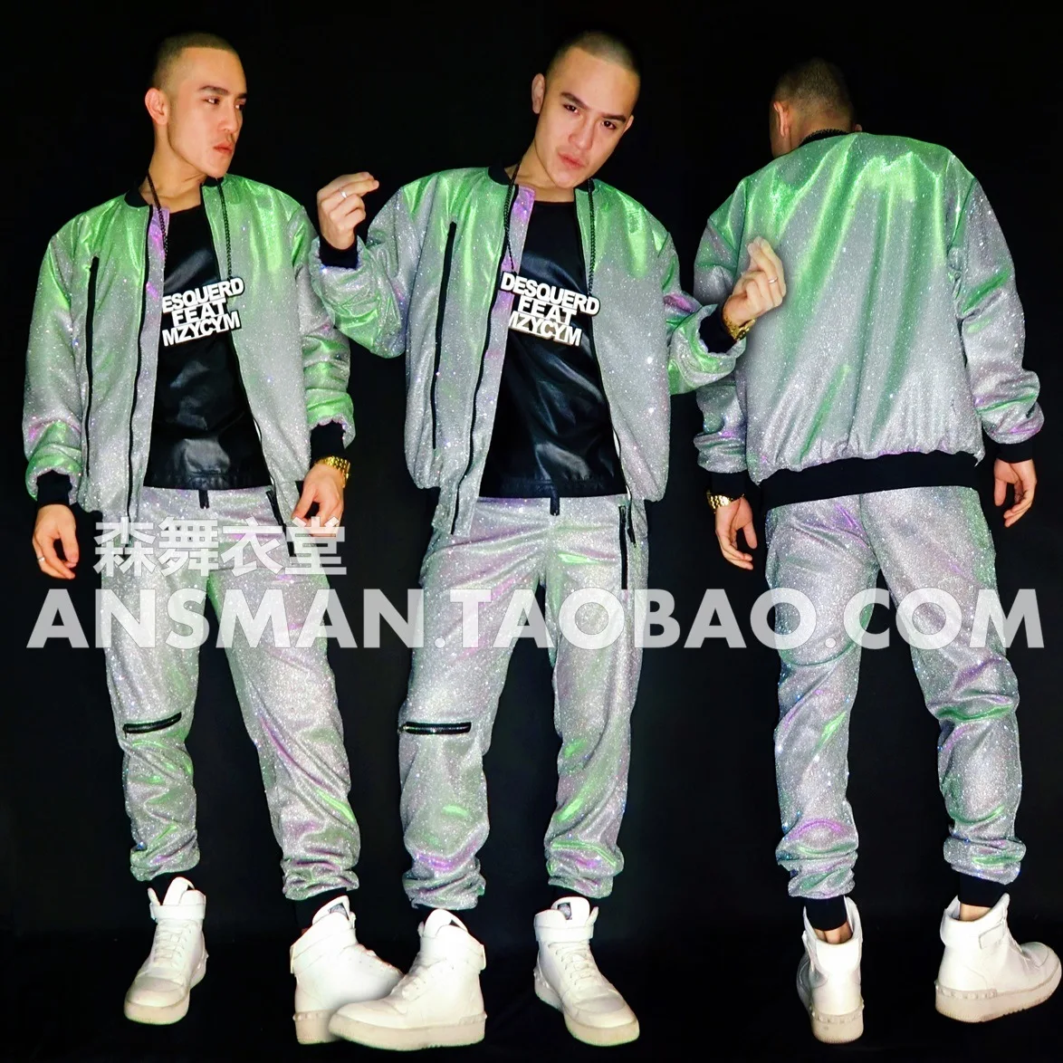 

Male singer DJ nightclub Quan Zhilong GD same paragraph green purple gradient glitter bat sleeve hip hop baseball uniform costum