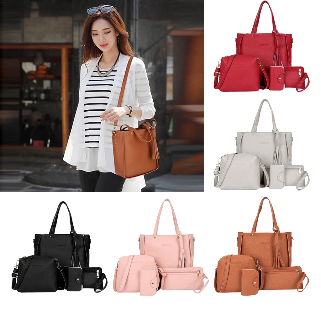 

Handbag+Shoulder Bag+Purse+Card Holder 4Pcs/Set Women Tassel PU Leather Bag
