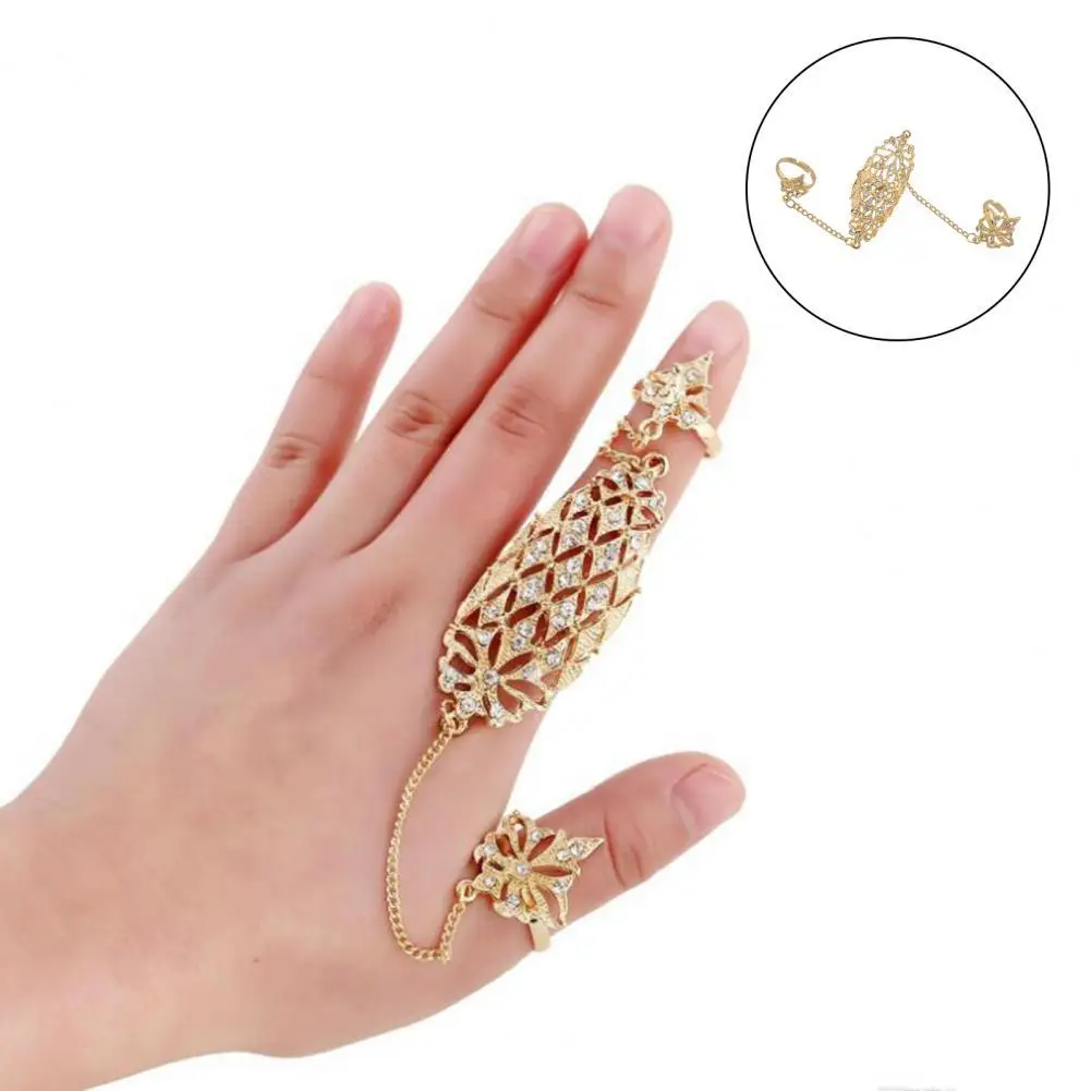 

Opening Ring Rhinestone Embedded Alloy Golden Color Hollowed-out Leaf Dual Finger Chain Ring for Dating