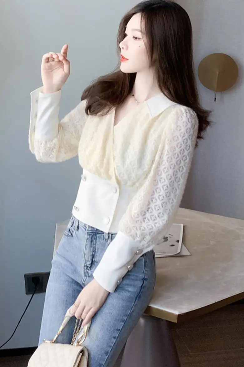 

Elegant V Neck Blouse Long Sleeve Apricot Shirt Office Ladies Top Casual Solid Double-Breasted Puff Sleeve Womens Blouses