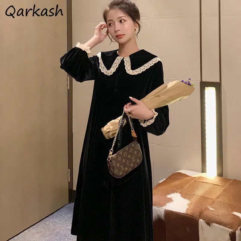 

Женское кружевное лоскутное платье, черное, теплое, универсальное, свободное, в стиле ретро, осень, винтажный, французский стиль, 2021