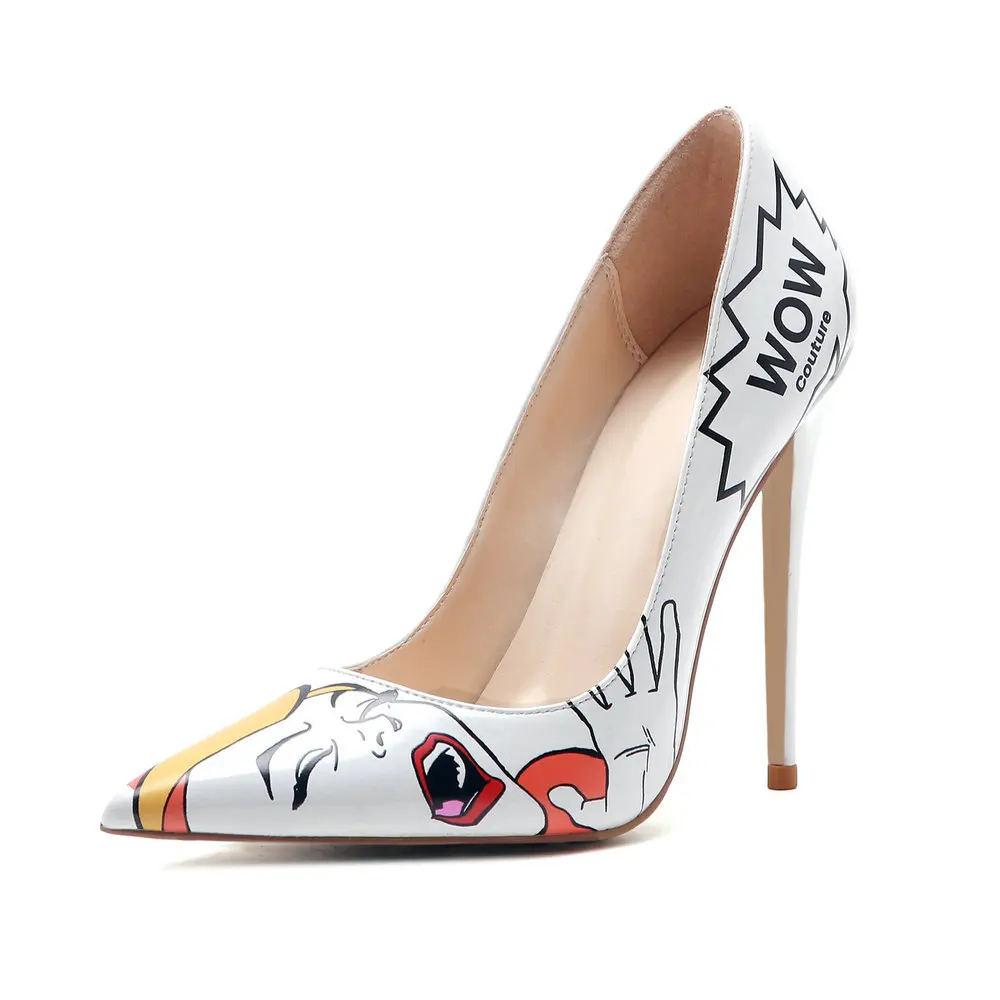

Women's European Fashion High Heel Shoes with Cartoon Printed Screaming Wow Woman Graphic Pointed Toe Patent Leather