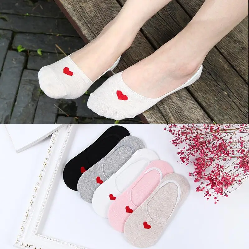 

Women Spring Summer Socks Heart Solid Color Fashion Non-slip Socks Ladies Invisible Cotton Shallow Mouth Ankle Slippers Socks