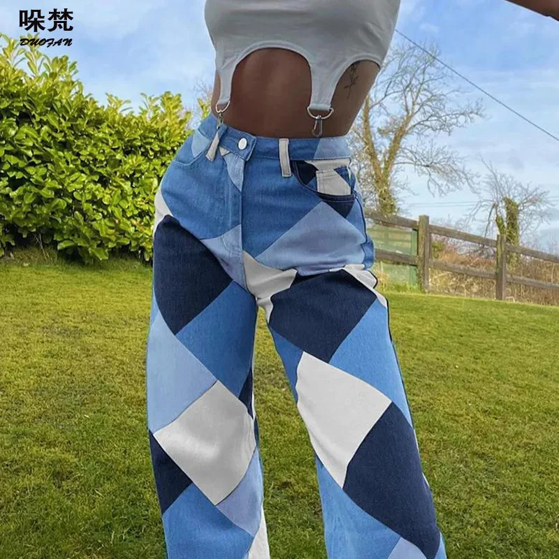 

DUOFAN Patchwork Straight Women's Jeans Baggy 90s Vintage High Waist Y2k Boyfriend Denim Streetwear 2021 Female Wide Leg Pants