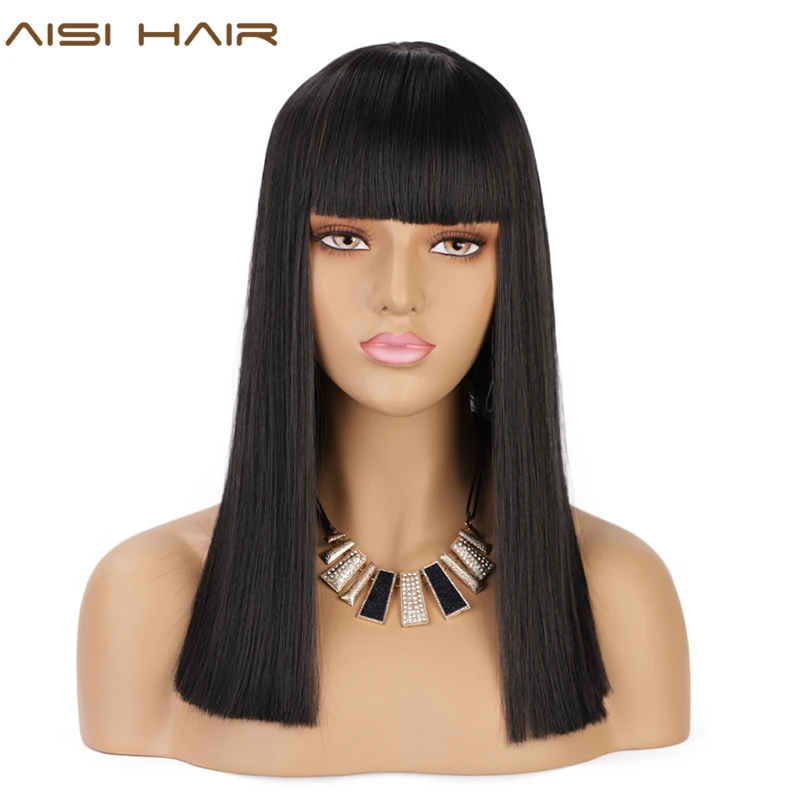 

AISI HAIR Medium Synthetic Women Wigs with Bangs Straight Black Bob Wig for Women Part Lace Wigs High Temperature Hair Daily Wig