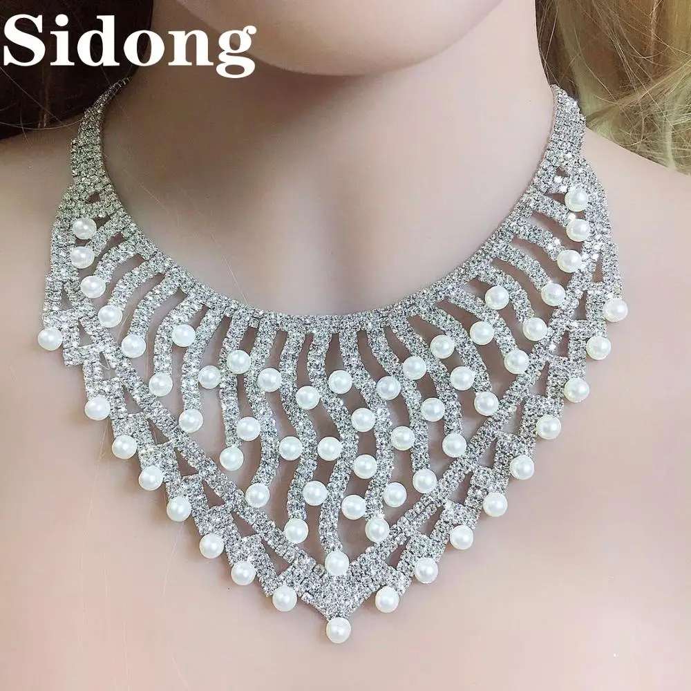 

European and American fashion exaggerated necklace pearl crystal neckchain Bridal Wedding Party Gift Necklace Set