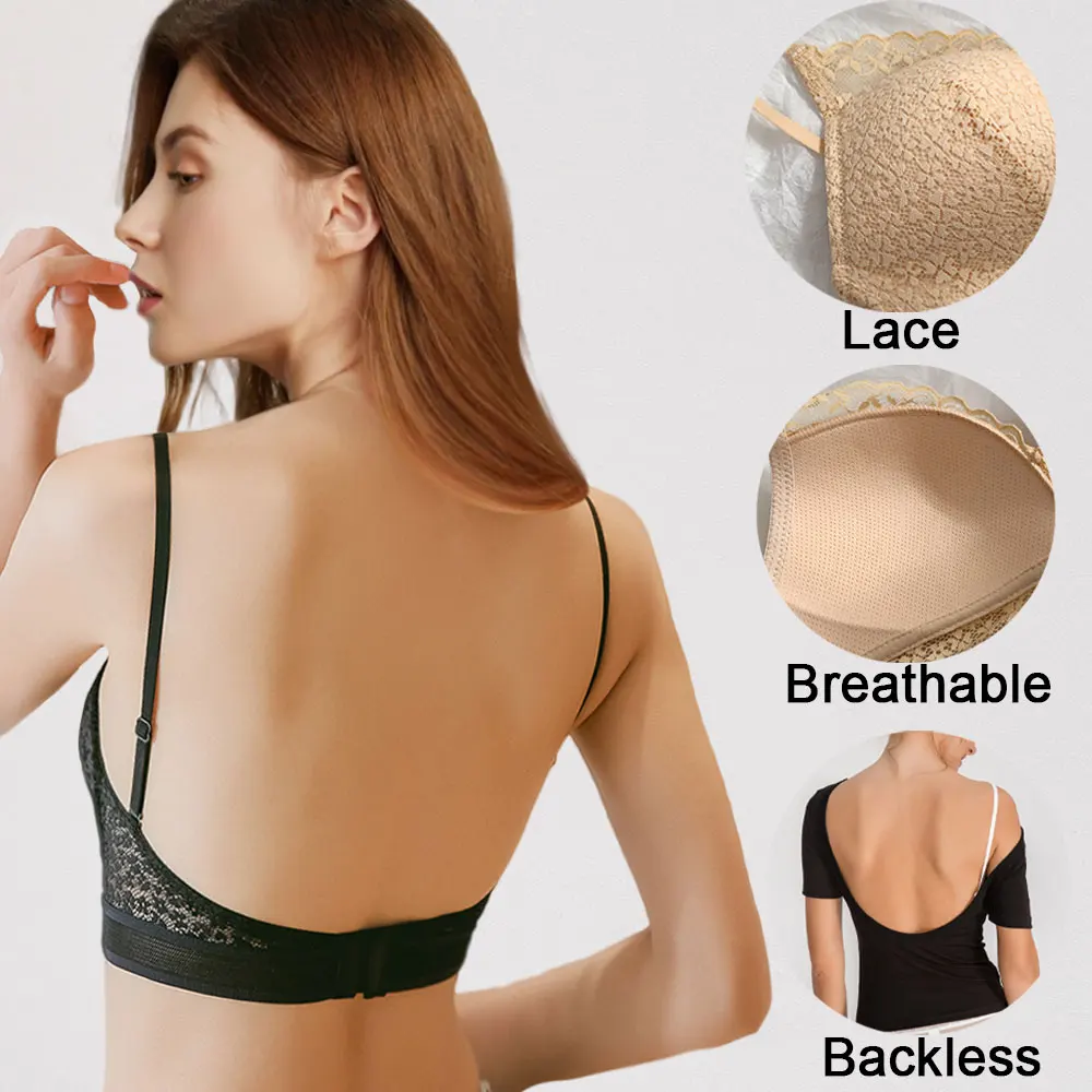 

Lace Sexy Backless Bra Printed Thin Underwear Low Back Mesh Brassiere Push Up Bralette Hollow Crop Top Deep U Invisible Bras