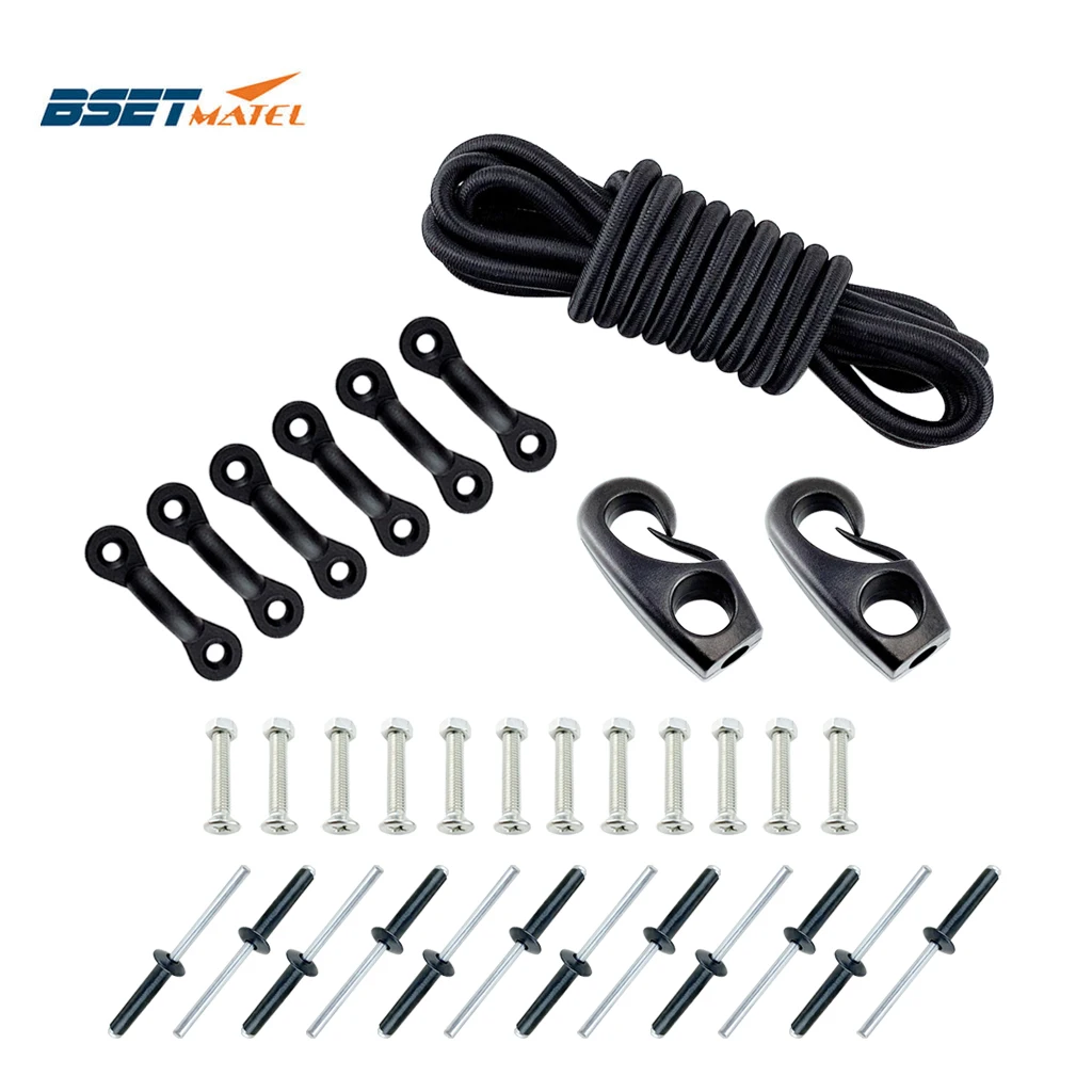 

2.5m Kayak Black Bungee Rigging Kit with Screws or Rivets Bungee Cord Ends Rope Pad Eyes Water Sports Kayak Boats Accessories