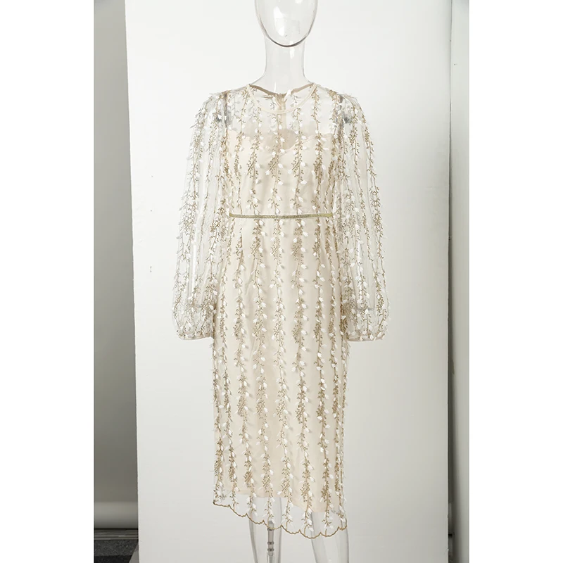 

Women's Floral Print Mesh Dress Puff Sleeves O-Neck Lace Patchwork Embroidery Dresses 2021new Fashion Elegant Lady Vestidos