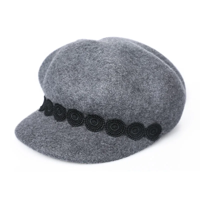 

2021 Winter Berets Woman Lace Octagonal Hat Lady Party Fedora Top Hat Fashion 100% Wool Equestrian Cap Felt Newsboy Caps