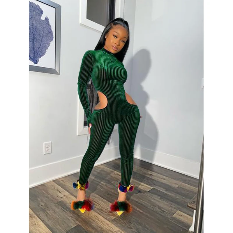 Женский комбинезон с длинным рукавом однотонный Облегающий в рубчик вырезами