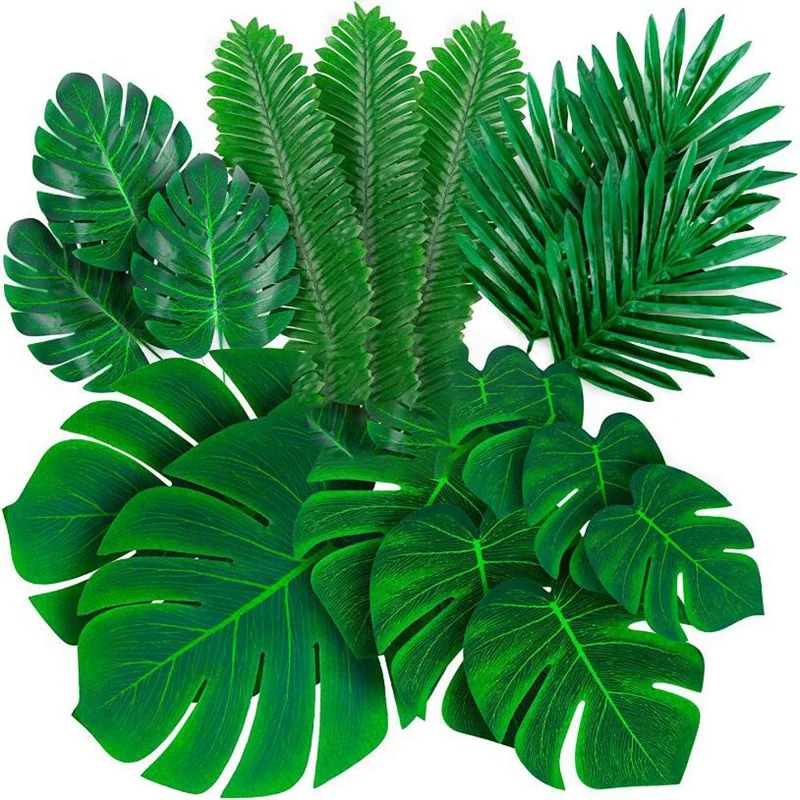

Пальмовых листьев искусственные тропические монстера-84 шт зеленые деревья пейзажа украшения листья со стеблем для Гавайскую Вечерние