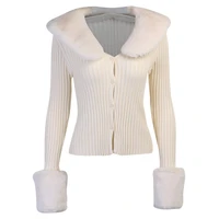fashion simple slim v neck sexy fur collar knitted cardigan jacket women 2021 autumn and winter new womens long sleeved tops