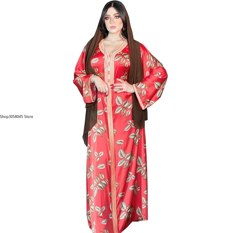 

Женское длинное платье в мусульманском стиле, элегантное красное платье макси в винтажном стиле, с принтом Дубай, абайя, мусульманский стил...