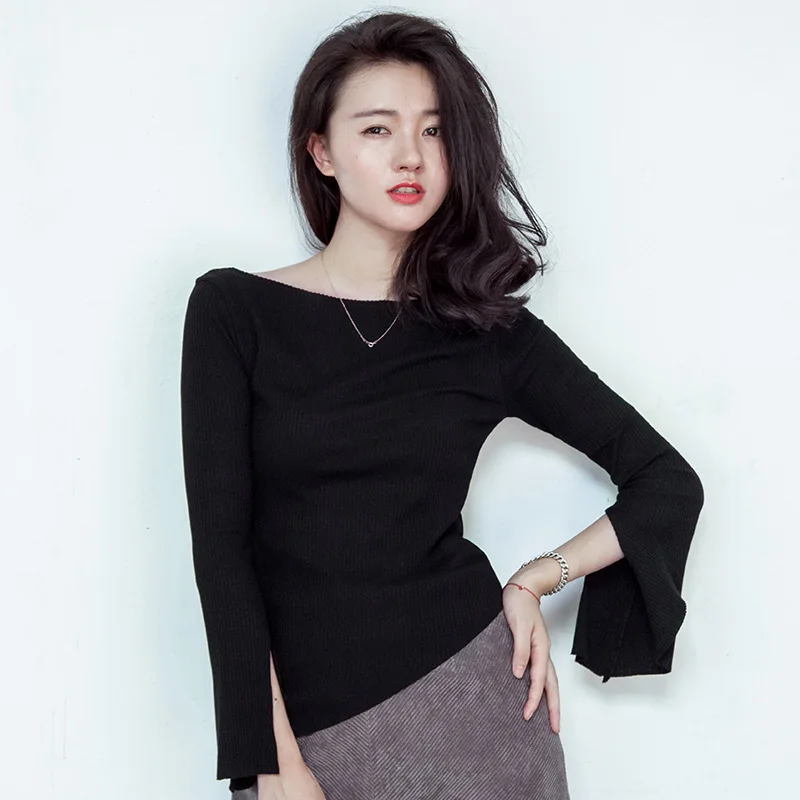 

Autumn and Winter Long-sleeved Slim Sweater Trumpet Sleeve One-line Collar Knitted Base Shirt Split Irregular Top for Women