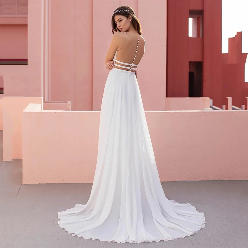 ChuYu 2021 Modest V-neck Chiffon Long A-line Wedding Dress Formal Occasion Sample Illusion Appliques Elegant  Vestido De Novia