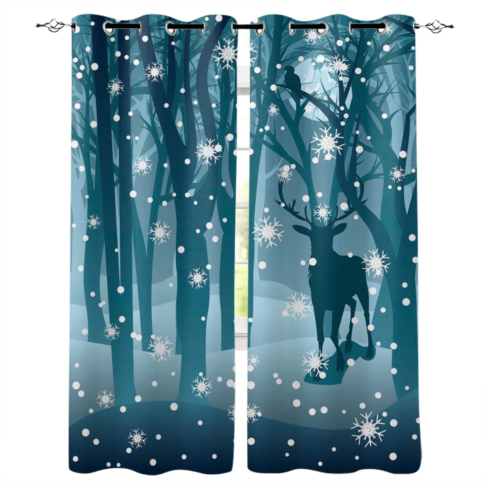 

Elk Snow Forest Blue Christmas Curtains for Windows Drapes Home Decoration Gift Xmas Decor Curtain For Living Room Bedroom