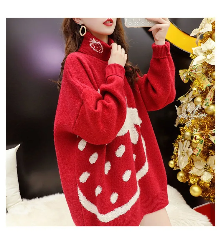 

Hsa 2020 Korean Oversized Sweater Women Autumn Winter Strawberry Turtleneck Pullover Long Sleeve Knit Sweaters Loose Pullover