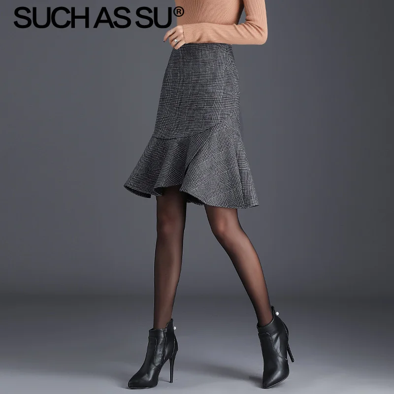 Dark gray Skirt Новые осенне-зимние вязаные клетчатые юбки для женщин серая с высокой талией длиной до колена юбка русалки S-3XL размера плюс юбка с оборками для женщин - Цвет: Dark gray Skirt