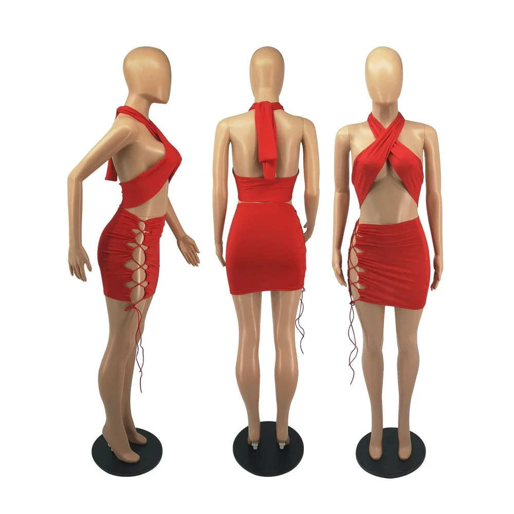

Neon Green Criss-cross Halter Backless Crop Top and Lace Up Hollow Sheath Mini Skirt Sexy Two Piece Set Birthday Party Outfits