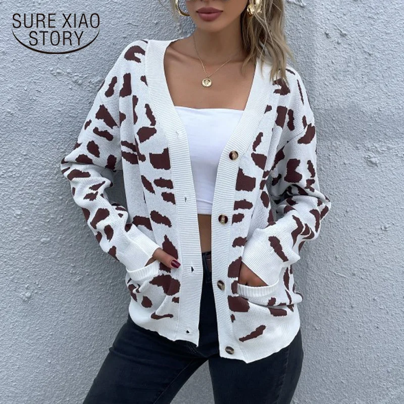 

Fashion Elegant Sweater Chic Tops Vintage Leopard Pattern Loose Knitted Cardigan Lantern Sleeve Outerwear Women Pull Femme 16934