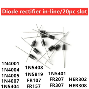 20PCS In-line diode 1N4001 1N4004 IN4005 IN4007 IN5401 IN5404 1N5408 1N5819 FR107 FR157 FR207 FR307 HER308 HER302