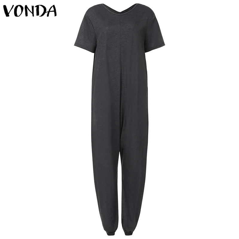 VONDA женские комбинезоны, женские костюмы, однотонные повседневные свободные пляжный костюм с короткими рукавами, широкие брюки, большие размеры, Pantalon