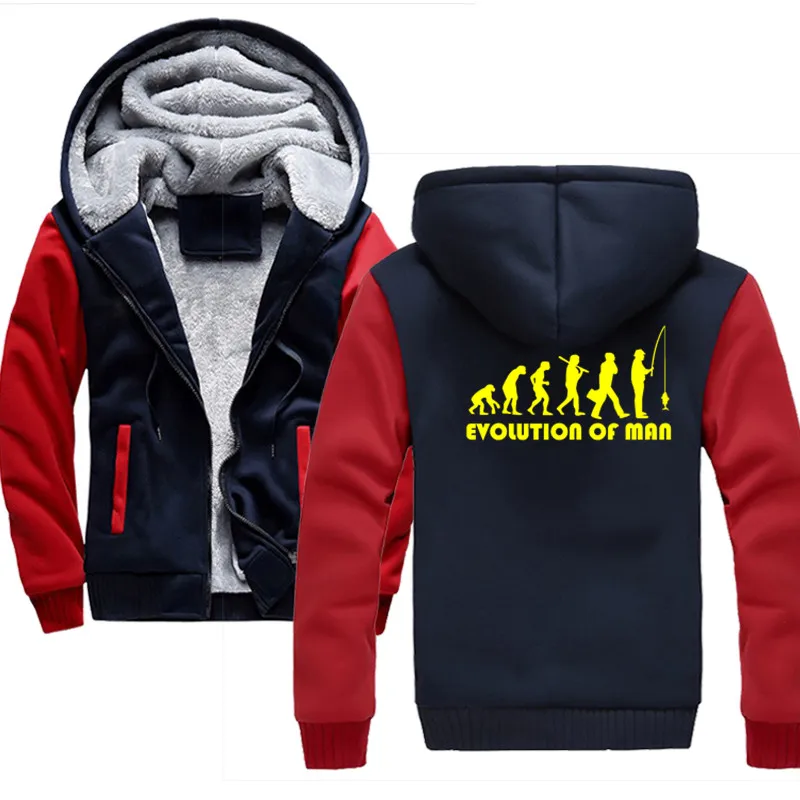 

Men Winter Thick Fleece The evolution of man Fisherman Fishing Hoodies Sweatshirts Men's Jackets Casual Zipper Hoody Adult Coats