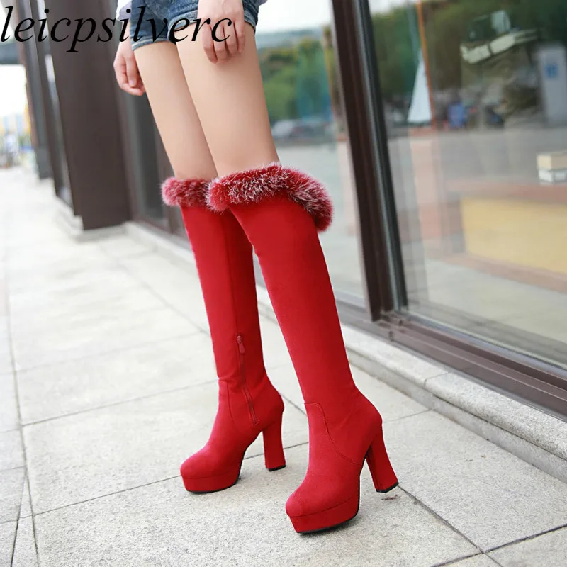 Женские сапоги до колена осенне зимние полусапоги из кроличьего меха на очень