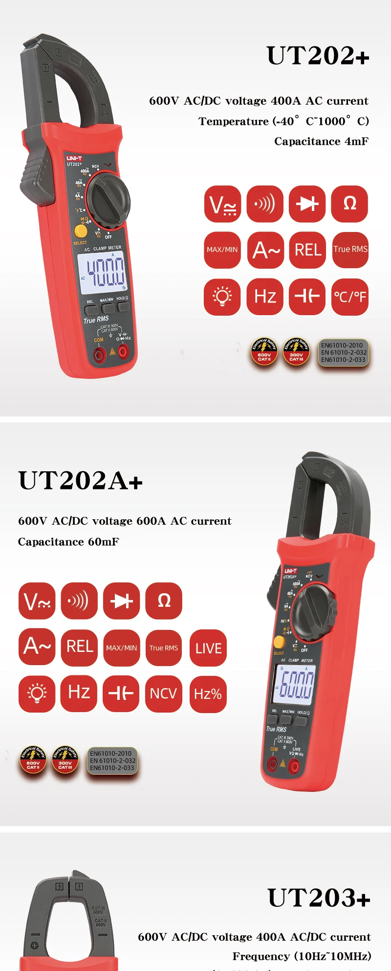 UNI-T UT201+/UT202+/UT203+/UT204+/UT202+ 400-600A цифровой клещи; Автоматический диапазон true RMS Высокоточный мультиметр