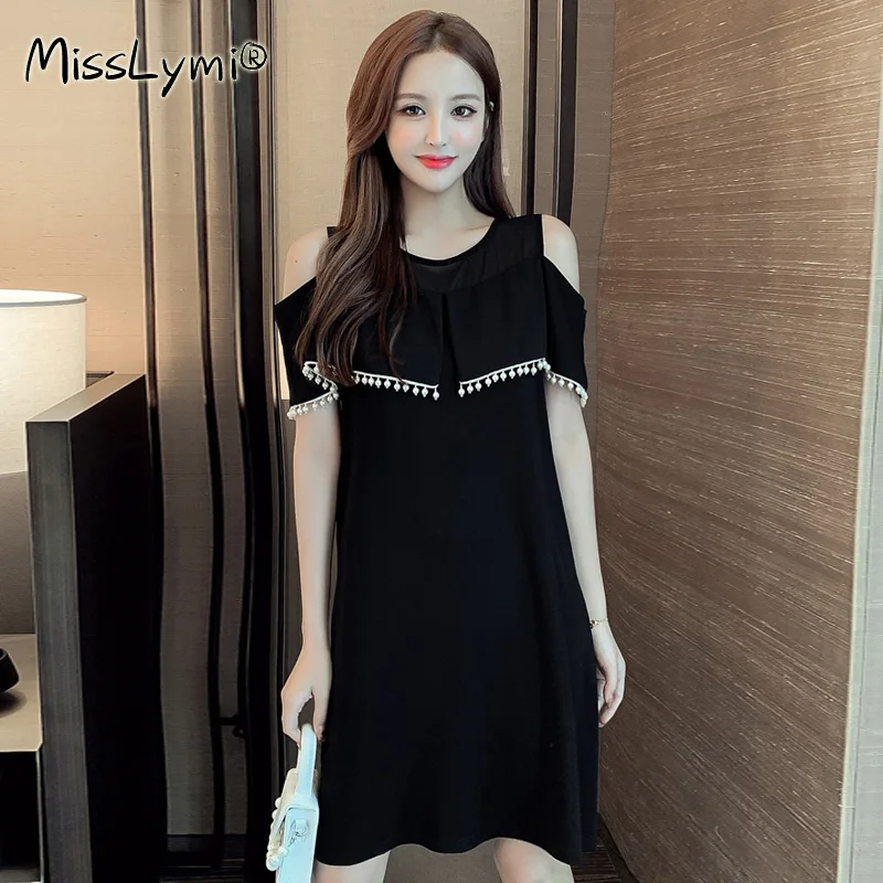 

4XL Plus Size Women Black Off the Shoulder Dress Summer 2021 Fashion Short Sleeve Loose Casual Chiffon Beading Tassel Dresses