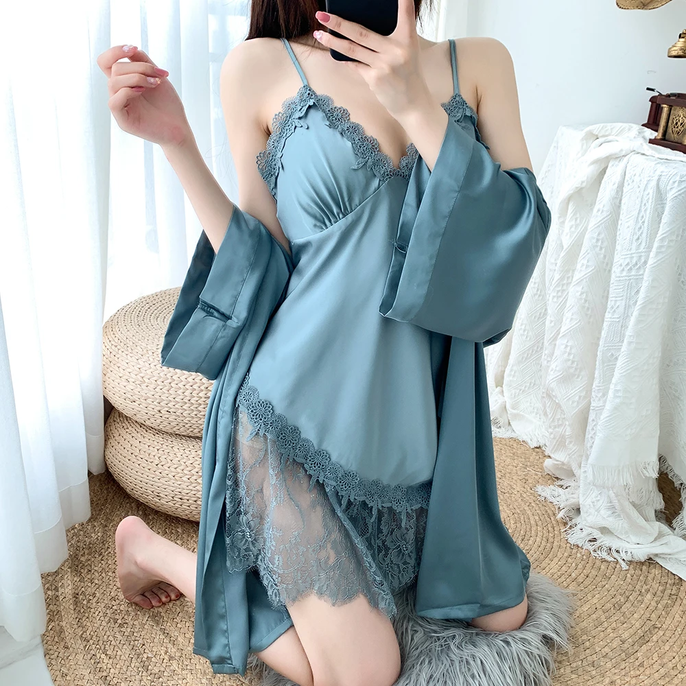 

Комплект женского атласного халата с кружевной отделкой, пикантный вискозный халат-кимоно, халат, повседневное свободное интимное нижнее б...