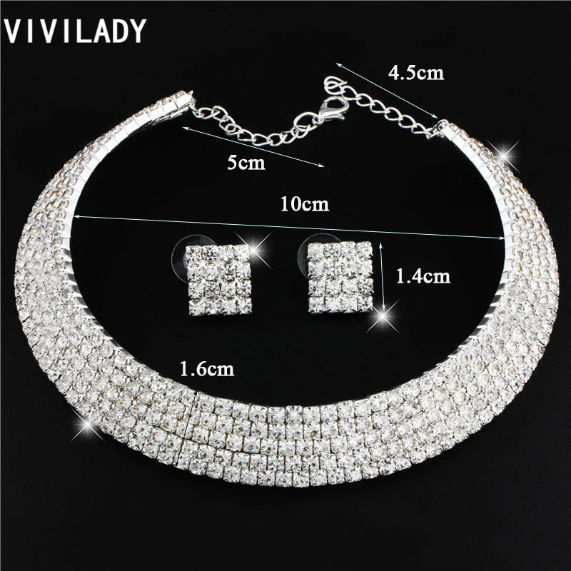 VIVILADY Fashion Crystal Statement Chokers Jewelry Sets Women Silver Color Rhinestone Layers Bijoux Accessory Lady Wedding Gift | Украшения