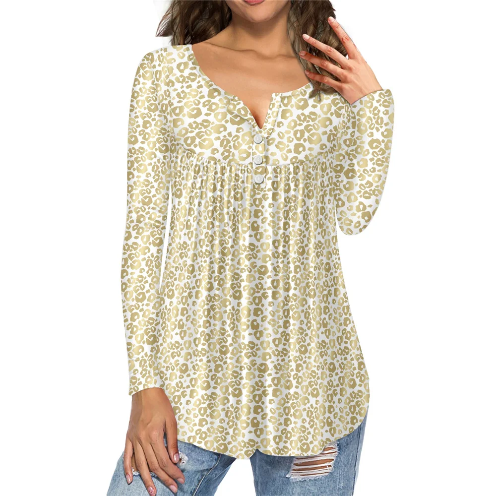 

Женская блузка с леопардовым принтом, V-образным вырезом и длинным рукавом